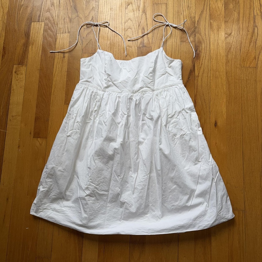 LPA Daria Dress L White Cotton Sweetheart Tie Strap Sundress Mini Pockets Summer
